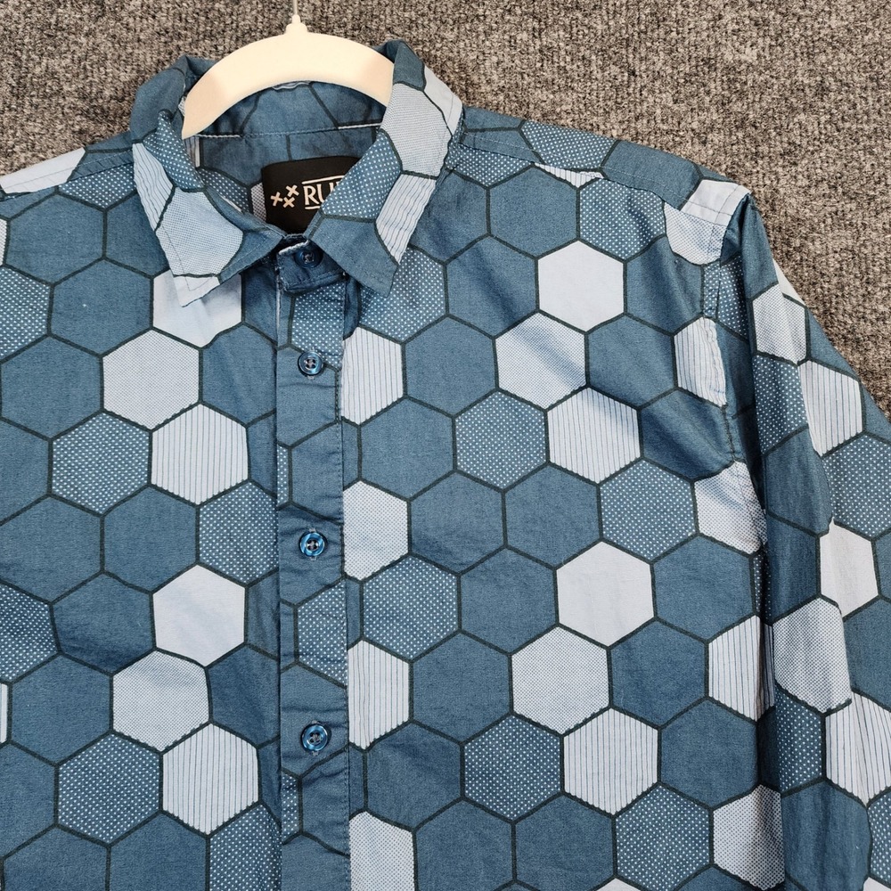 RUDE Men Geometric Hexagon Y2K Indie Streetwear Button Up Shirt Size S
